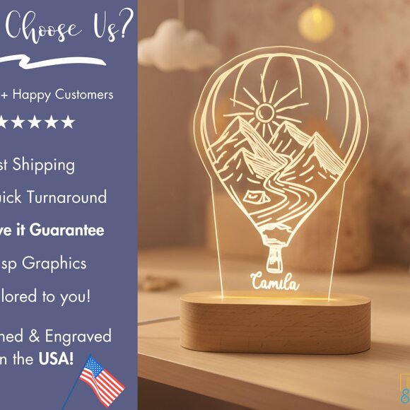 Mountain Hot Air Balloon Name Light • Personalized LED Cloud Decor • Baby Gift - Picture 4 of 8
